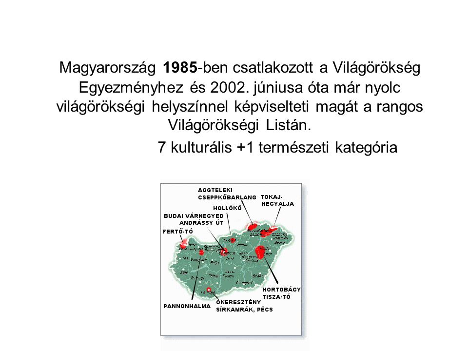 Magyarország 1985-ben csatlakozott a Világörökség Egyezményhez és 2002.