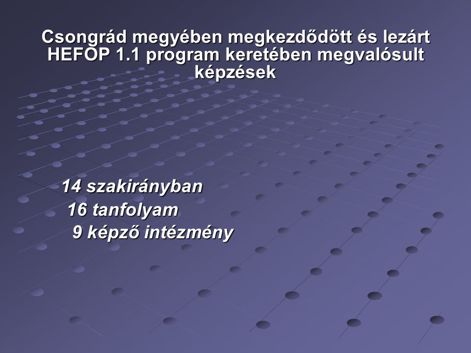 Csongrád megyében megkezdődött és lezárt HEFOP 1.1 program keretében megvalósult képzések 14 szakirányban 14 szakirányban 16 tanfolyam 16 tanfolyam 9 képző intézmény 9 képző intézmény