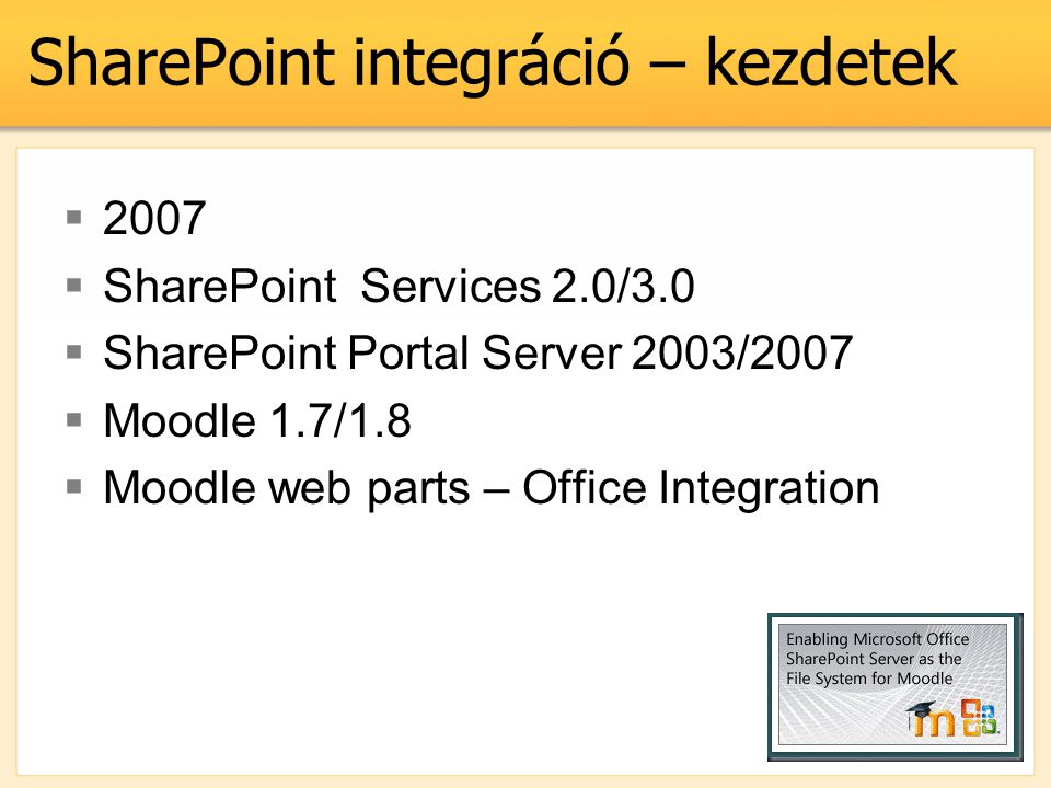 SharePoint integráció – kezdetek  2007  SharePoint Services 2.0/3.0  SharePoint Portal Server 2003/2007  Moodle 1.7/1.8  Moodle web parts – Office Integration