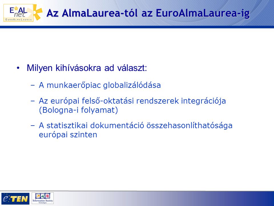 Az AlmaLaurea-tól az EuroAlmaLaurea-ig Milyen kihívásokra ad választ: –A munkaerőpiac globalizálódása –Az európai felső-oktatási rendszerek integrációja (Bologna-i folyamat) –A statisztikai dokumentáció összehasonlíthatósága európai szinten