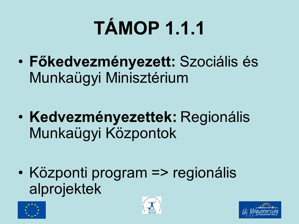 TÁMOP Főkedvezményezett: Szociális és Munkaügyi Minisztérium Kedvezményezettek: Regionális Munkaügyi Központok Központi program => regionális alprojektek