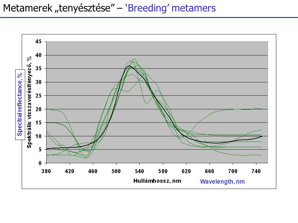 Wavelength, nm Spectral reflectance, % Metamerek „tenyésztése – ‘Breeding’ metamers