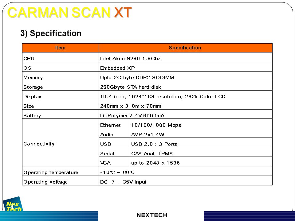 자 동 차 진 단 기 기 의 명 가 Nex Tech 4 3) Specification CARMAN SCAN XT CARMAN SCAN XT NEXTECH