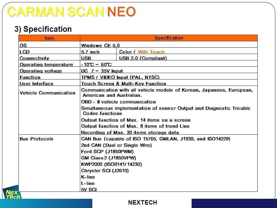 자 동 차 진 단 기 기 의 명 가 Nex Tech 9 3) Specification CARMAN SCAN NEO CARMAN SCAN NEO NEXTECH