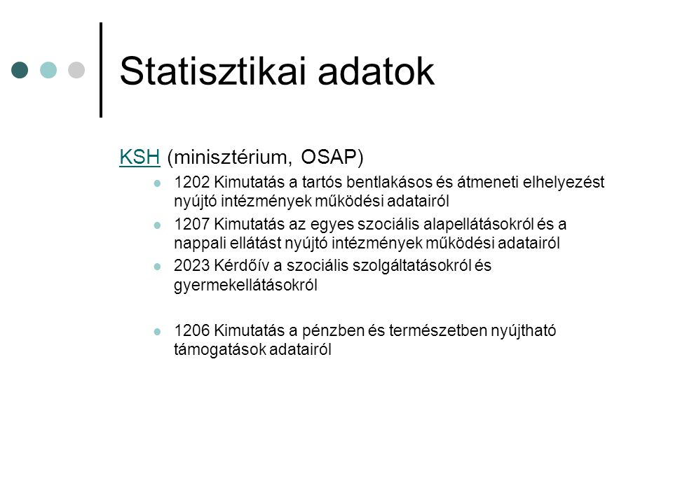 Statisztikai adatok KSHKSH (minisztérium, OSAP) 1202 Kimutatás a tartós bentlakásos és átmeneti elhelyezést nyújtó intézmények működési adatairól 1207 Kimutatás az egyes szociális alapellátásokról és a nappali ellátást nyújtó intézmények működési adatairól 2023 Kérdőív a szociális szolgáltatásokról és gyermekellátásokról 1206 Kimutatás a pénzben és természetben nyújtható támogatások adatairól