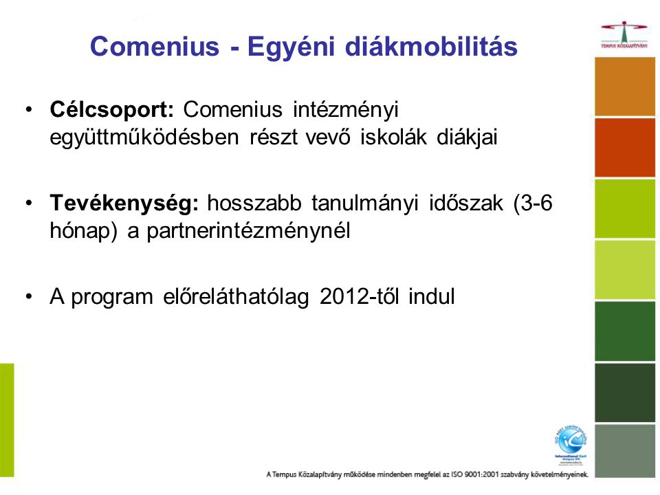 Comenius - Egyéni diákmobilitás Célcsoport: Comenius intézményi együttműködésben részt vevő iskolák diákjai Tevékenység: hosszabb tanulmányi időszak (3-6 hónap) a partnerintézménynél A program előreláthatólag 2012-től indul
