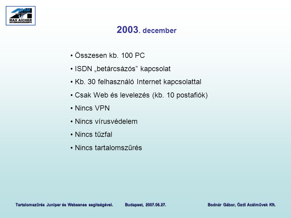 2003. december Összesen kb. 100 PC ISDN „betárcsázós kapcsolat Kb.