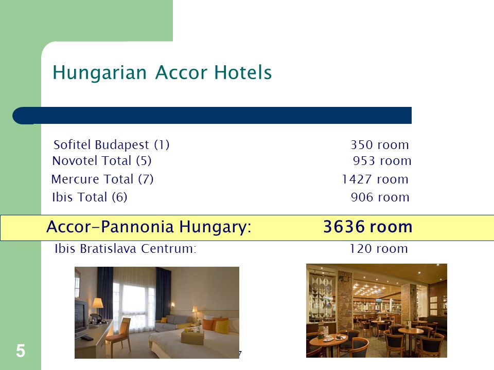 Sofitel Budapest (1)350 room Hungarian Accor Hotels Novotel Total (5) 953 room Mercure Total (7) 1427 room Ibis Total (6) 906 room Accor-Pannonia Hungary: 3636 room Ibis Bratislava Centrum: 120 room