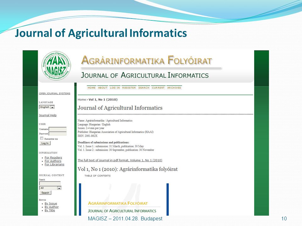 Journal of Agricultural Informatics MAGISZ – Budapest10