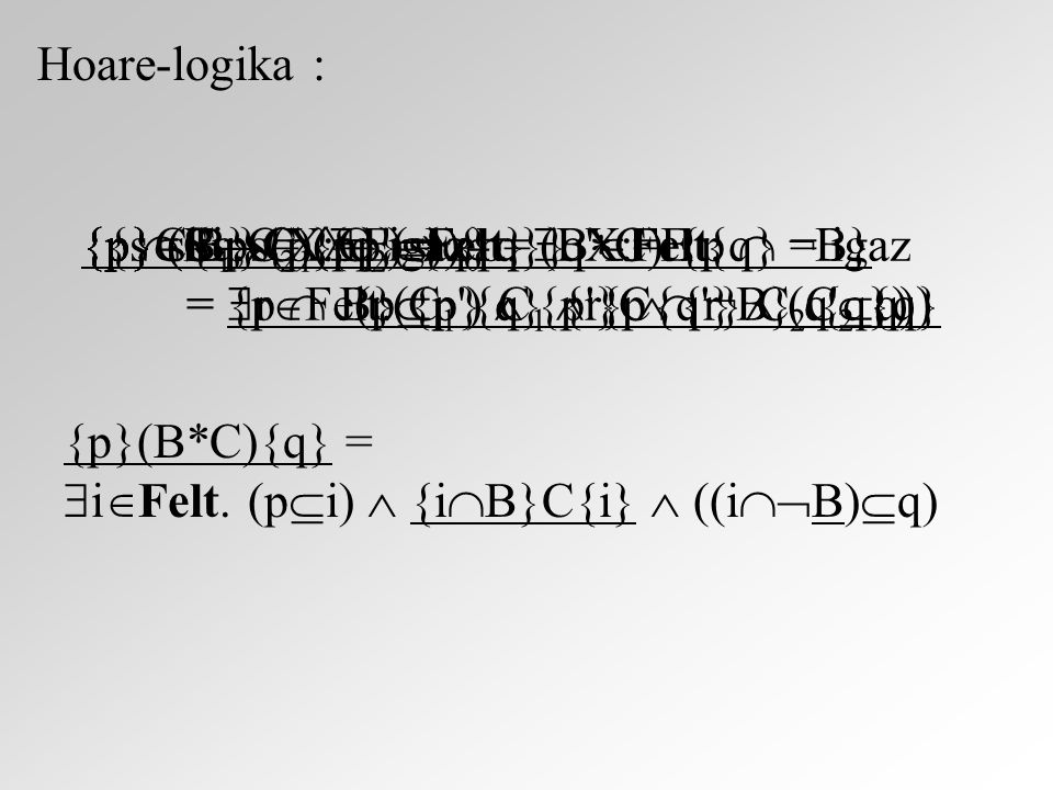 Hoare-logika : {p} skip {p} = igaz {{s  S : s(X:=E(s))  q}} X:=E {q} = igaz {p} (C 1 ;C 2 ) {q} = =  r  Felt.({p} C 1 {r}  {r} C 2 {q}) {p} (B  C 1  C 2 ) {q} = = {p  B} C 1 {q}  {p  ¬ B} C 2 {q} {p  B} C {p}  {p} (B  C) {p  ¬ B}{p}C{q} = (  p  Felt.
