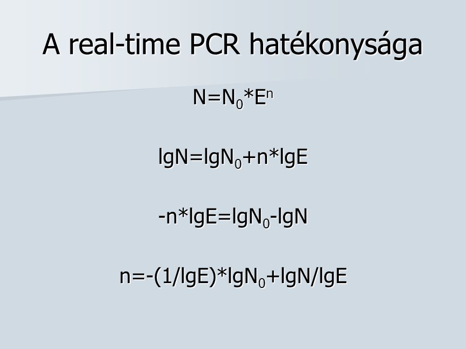A real-time PCR hatékonysága N=N 0 *E n lgN=lgN 0 +n*lgE -n*lgE=lgN 0 -lgN n=-(1/lgE)*lgN 0 +lgN/lgE