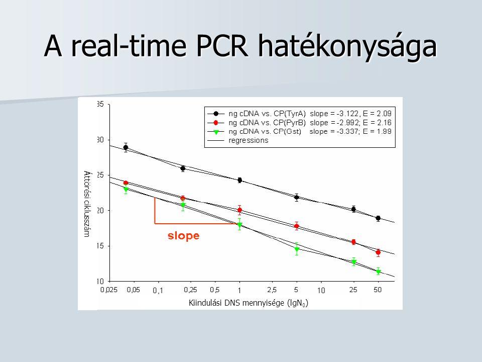 A real-time PCR hatékonysága Áttörési ciklusszám Kiindulási DNS mennyisége (lgN 0 )