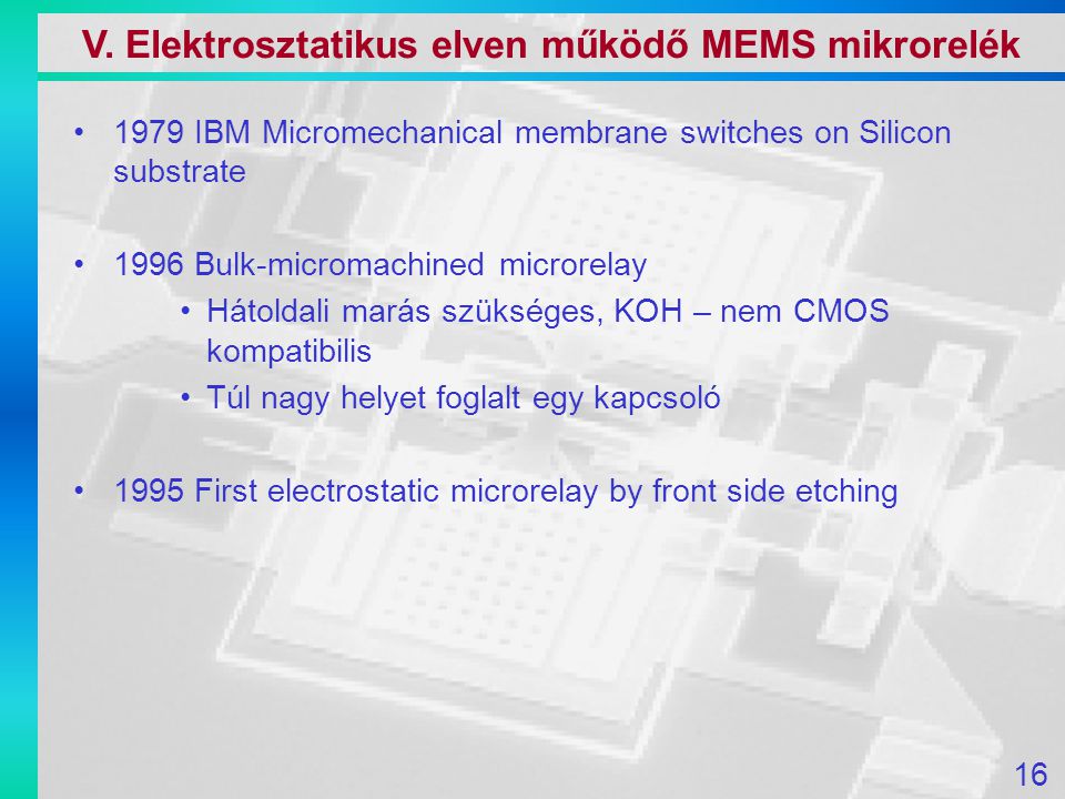 1979 IBM Micromechanical membrane switches on Silicon substrate 1996 Bulk-micromachined microrelay Hátoldali marás szükséges, KOH – nem CMOS kompatibilis Túl nagy helyet foglalt egy kapcsoló 1995 First electrostatic microrelay by front side etching V.