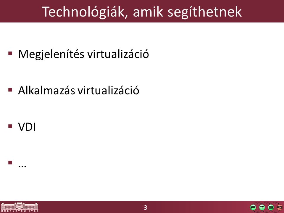 3 Technológiák, amik segíthetnek  Megjelenítés virtualizáció  Alkalmazás virtualizáció  VDI  …