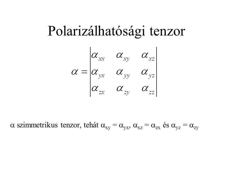 Polarizálhatósági tenzor  szimmetrikus tenzor, tehát  xy =  yx,  xz =  zx és  yz =  zy
