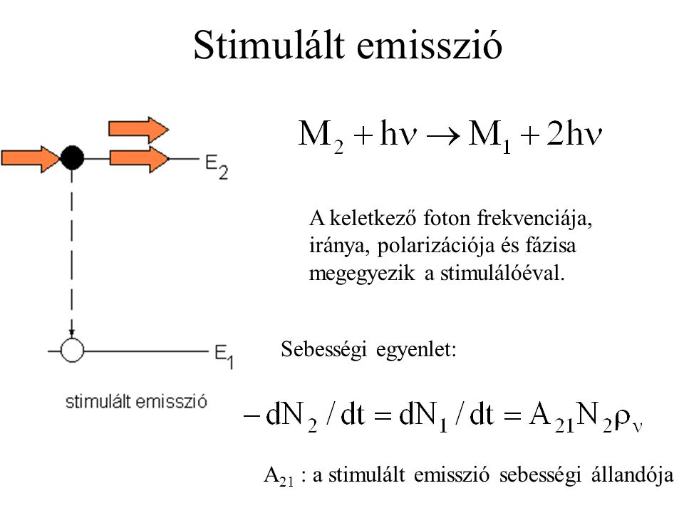 Stimulált emisszió Sebességi egyenlet: A 21 : a stimulált emisszió sebességi állandója A keletkező foton frekvenciája, iránya, polarizációja és fázisa megegyezik a stimulálóéval.