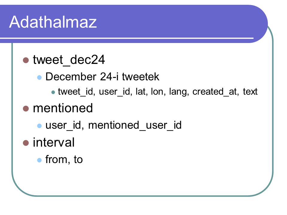 Adathalmaz tweet_dec24 December 24-i tweetek tweet_id, user_id, lat, lon, lang, created_at, text mentioned user_id, mentioned_user_id interval from, to
