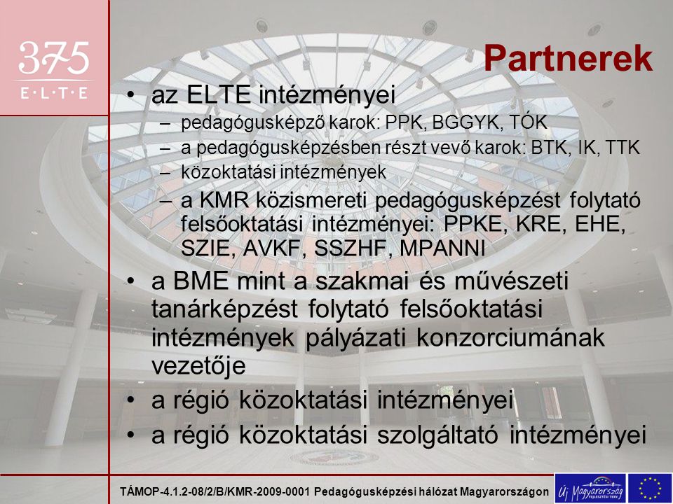 TÁMOP /2/B/KMR Pedagógusképzési hálózat Magyarországon Partnerek az ELTE intézményei –pedagógusképző karok: PPK, BGGYK, TÓK –a pedagógusképzésben részt vevő karok: BTK, IK, TTK –közoktatási intézmények –a KMR közismereti pedagógusképzést folytató felsőoktatási intézményei: PPKE, KRE, EHE, SZIE, AVKF, SSZHF, MPANNI a BME mint a szakmai és művészeti tanárképzést folytató felsőoktatási intézmények pályázati konzorciumának vezetője a régió közoktatási intézményei a régió közoktatási szolgáltató intézményei