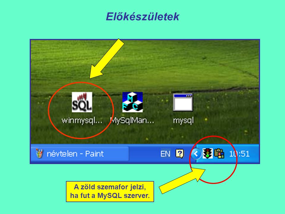 Előkészületek A zöld szemafor jelzi, ha fut a MySQL szerver.