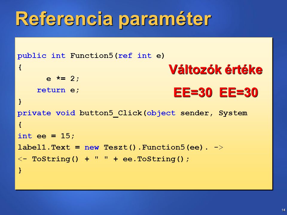 14 Referencia paraméter public int Function5(ref int e) { e *= 2; return e; } private void button5_Click(object sender, System { int ee = 15; label1.Text = new Teszt().Function5(ee).