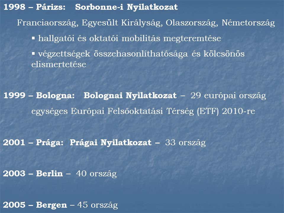 1998 – Párizs: Sorbonne-i Nyilatkozat Franciaország, Egyesült Királyság, Olaszország, Németország  hallgatói és oktatói mobilitás megteremtése  végzettségek összehasonlíthatósága és kölcsönös elismertetése 1999 – Bologna: Bolognai Nyilatkozat – 29 európai ország egységes Európai Felsőoktatási Térség (ETF) 2010-re 2001 – Prága: Prágai Nyilatkozat – 33 ország 2003 – Berlin – 40 ország 2005 – Bergen – 45 ország