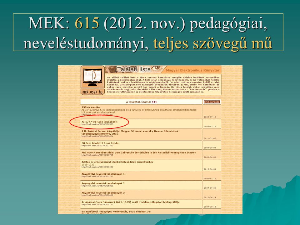MEK: 615 (2012. nov.) pedagógiai, neveléstudományi, teljes szövegű mű