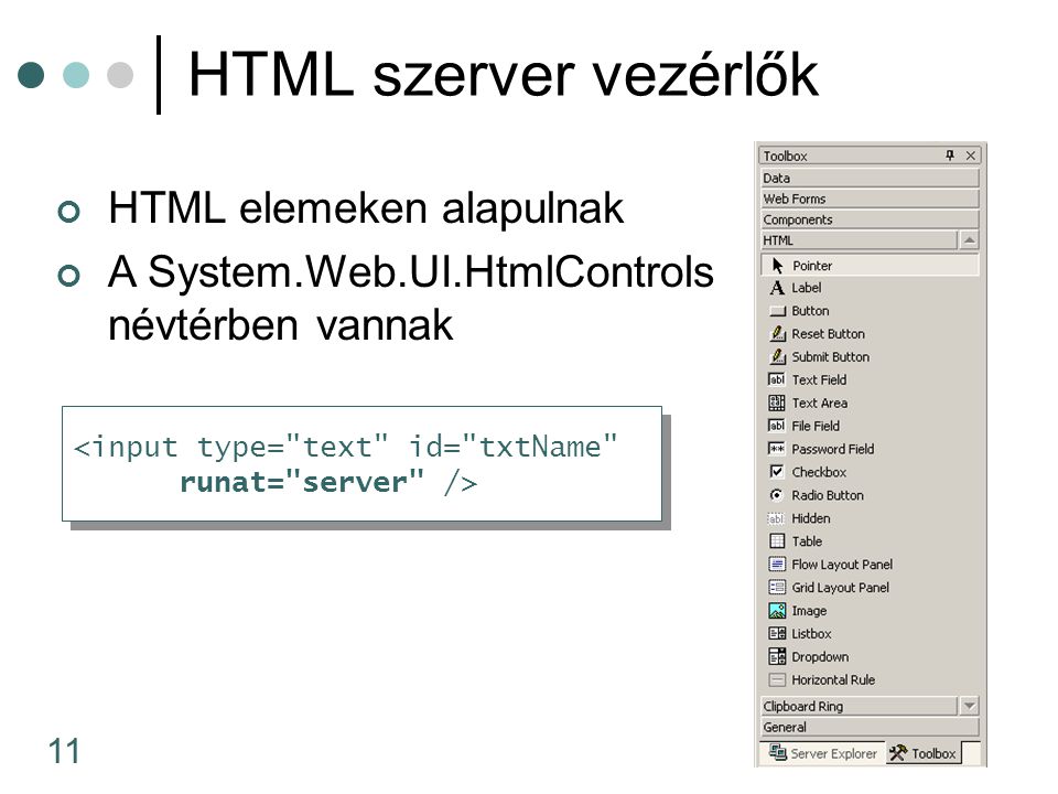 11 HTML szerver vezérlők HTML elemeken alapulnak A System.Web.UI.HtmlControls névtérben vannak