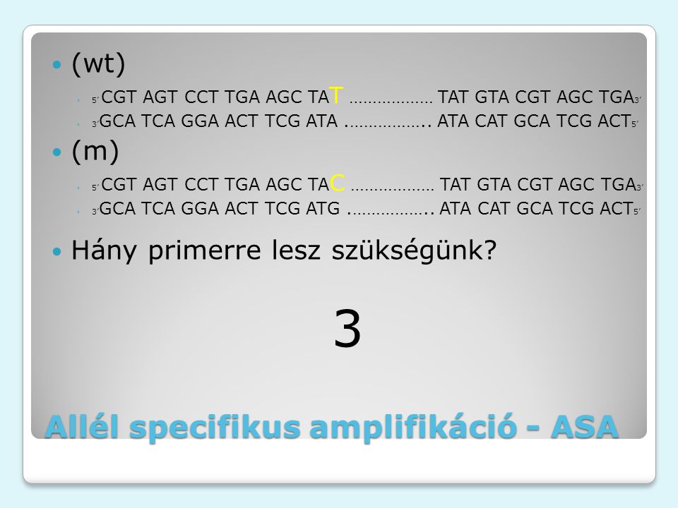 Allél specifikus amplifikáció - ASA (wt) ◦5’ CGT AGT CCT TGA AGC TA T ……………… TAT GTA CGT AGC TGA 3’ ◦3’ GCA TCA GGA ACT TCG ATA.……………..