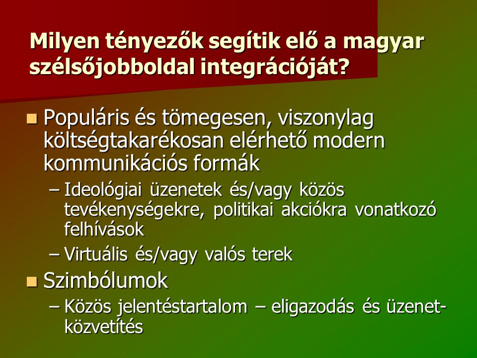 Milyen tényezők segítik elő a magyar szélsőjobboldal integrációját.