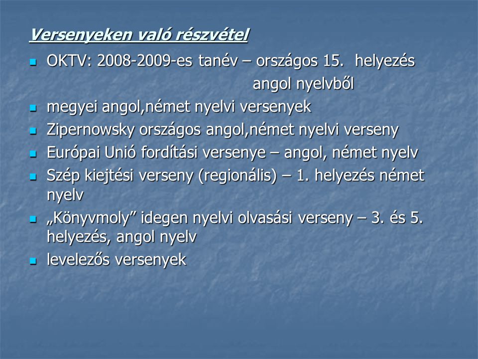 Versenyeken való részvétel OKTV: es tanév – országos 15.