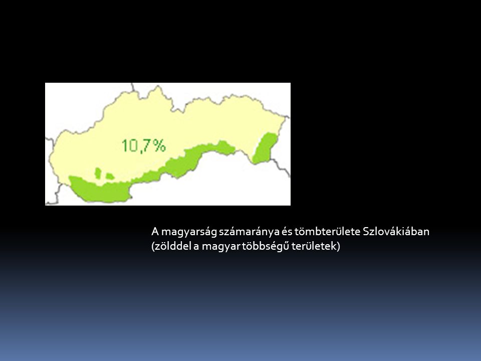 A magyarság számaránya és tömbterülete Szlovákiában (zölddel a magyar többségű területek)