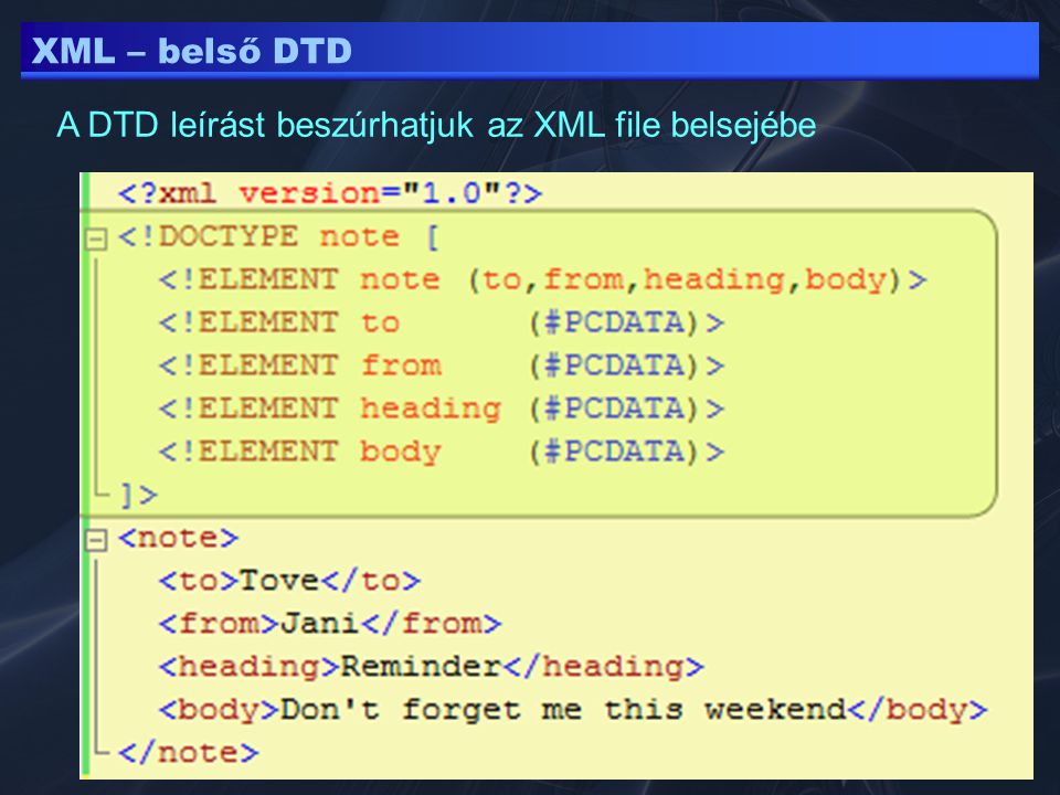 XML – belső DTD A DTD leírást beszúrhatjuk az XML file belsejébe