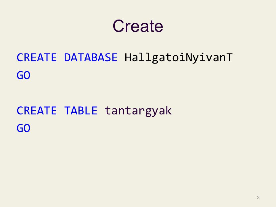 Create CREATE DATABASE HallgatoiNyivanT GO CREATE TABLE tantargyak GO 3