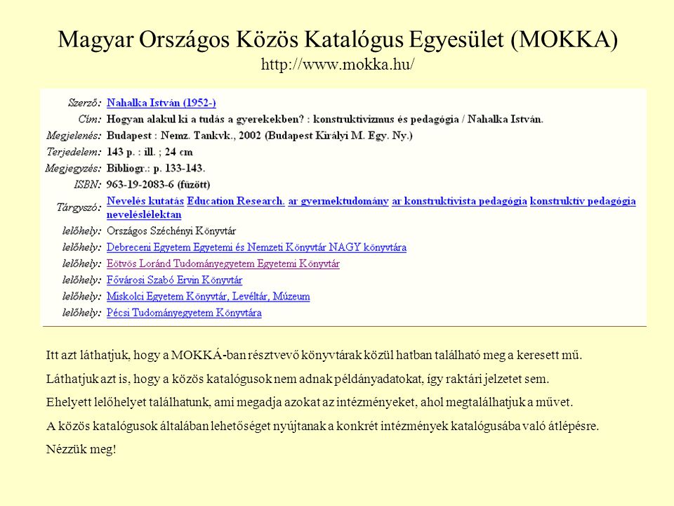 Magyar Országos Közös Katalógus Egyesület (MOKKA)   Itt azt láthatjuk, hogy a MOKKÁ-ban résztvevő könyvtárak közül hatban található meg a keresett mű.