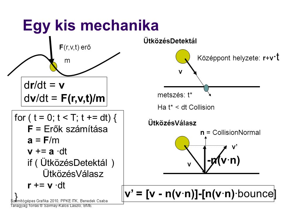 Számítógépes Grafika 2010, PPKE ITK, Benedek Csaba Tanagyag forrás ® Szirmay-Kalos László, BME Egy kis mechanika F(r,v,t) erő m for ( t = 0; t < T; t += dt) { F = Erők számítása a = F/m v += a ·dt if ( ÜtközésDetektál ) ÜtközésVálasz r += v ·dt } v n = CollisionNormal v’ v’ = [v - n(v·n)]-[n(v·n)·bounce] v Középpont helyzete: r+v ·t metszés: t* Ha t* < dt Collision ÜtközésDetektál ÜtközésVálasz dr/dt = v dv/dt = F(r,v,t)/m -n(v·n)