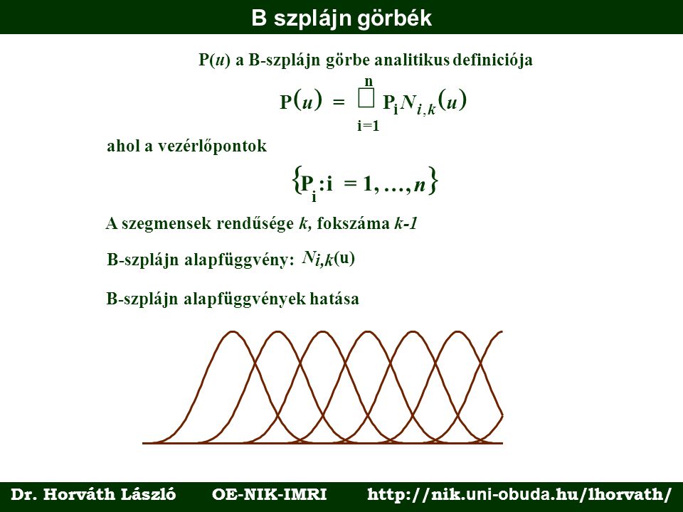 B szplájn görbék P(u) aB-szplájn görbe analitikusdefiniciója  P = P i i=1 n uNu ik , ahol a vezérlőpontok   P:i=1,..., i n A szegmensek rendűsége k, fokszáma k-1 N i,k (u) B-szplájn alapfüggvény: B-szplájn alapfüggvények hatása Dr.