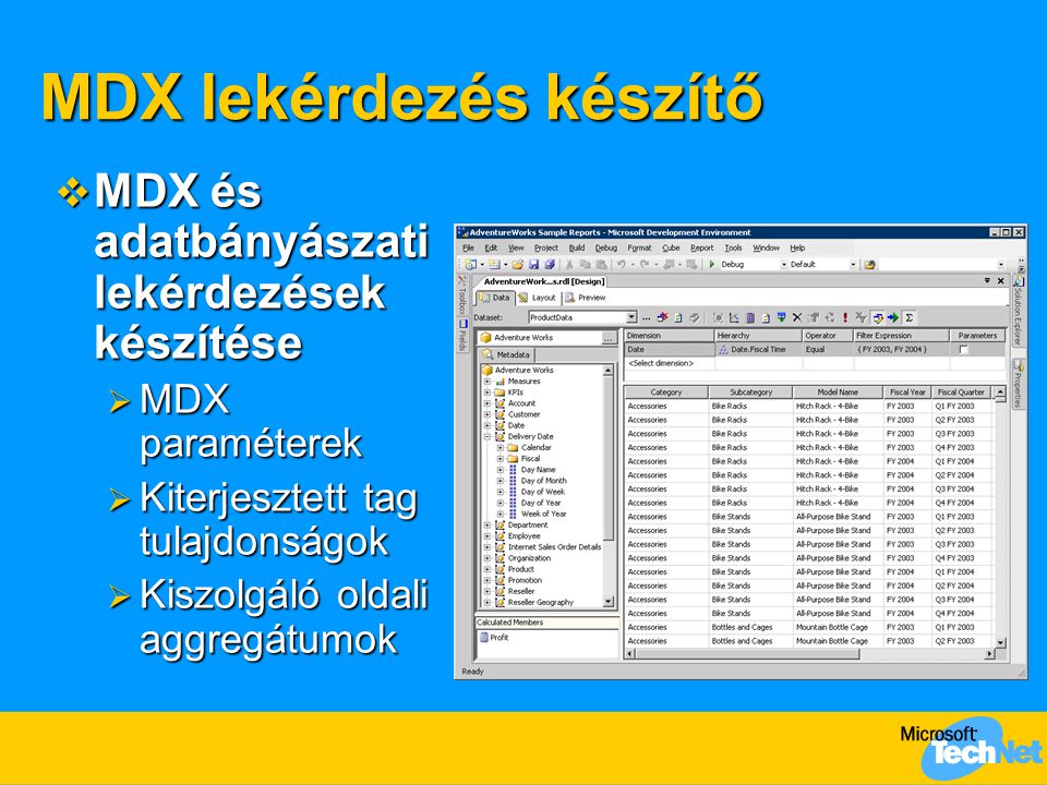 MDX lekérdezés készítő  MDX és adatbányászati lekérdezések készítése  MDX paraméterek  Kiterjesztett tag tulajdonságok  Kiszolgáló oldali aggregátumok