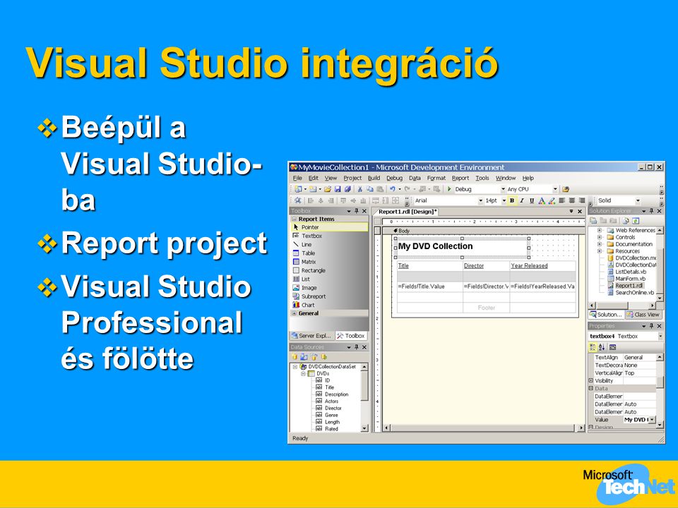 Visual Studio integráció  Beépül a Visual Studio- ba  Report project  Visual Studio Professional és fölötte