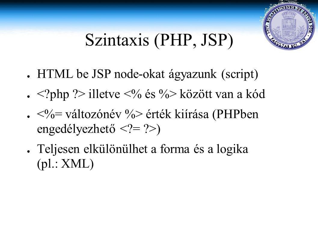 Szintaxis (PHP, JSP) ● HTML be JSP node-okat ágyazunk (script) ● illetve között van a kód ● érték kiírása (PHPben engedélyezhető ) ● Teljesen elkülönülhet a forma és a logika (pl.: XML)