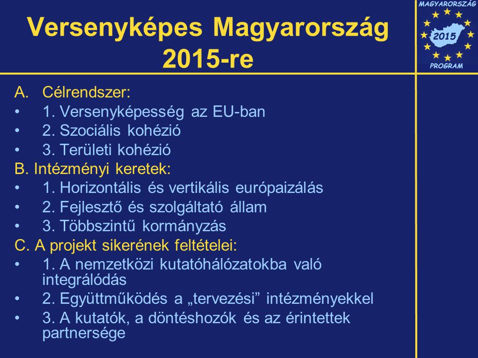 Versenyképes Magyarország 2015-re A.Célrendszer: 1.