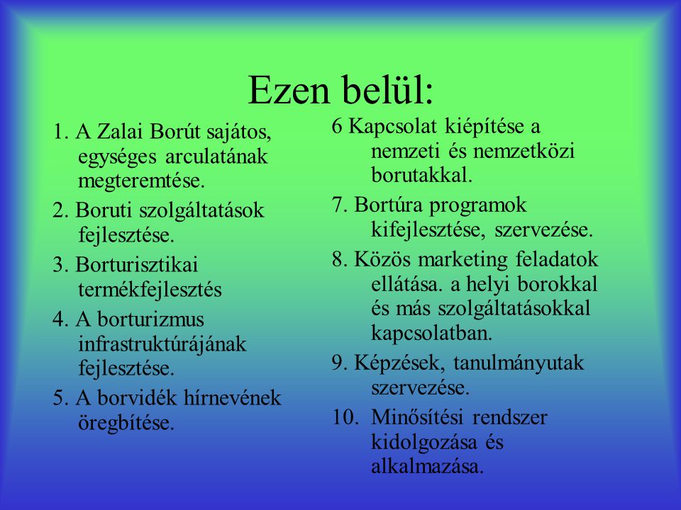 Ezen belül: 1. A Zalai Borút sajátos, egységes arculatának megteremtése.