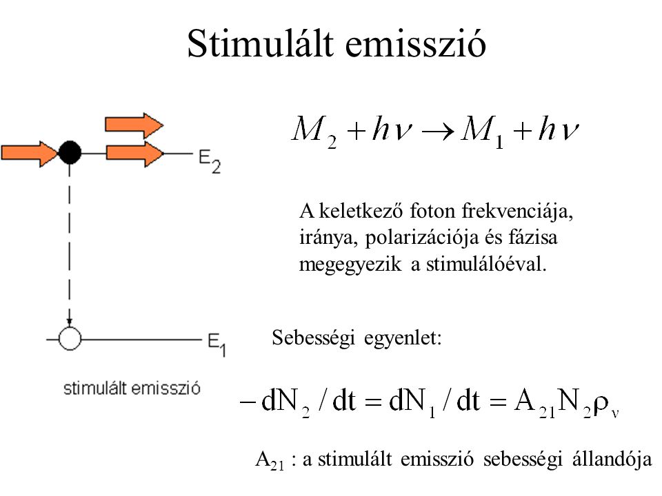 Stimulált emisszió Sebességi egyenlet: A 21 : a stimulált emisszió sebességi állandója A keletkező foton frekvenciája, iránya, polarizációja és fázisa megegyezik a stimulálóéval.