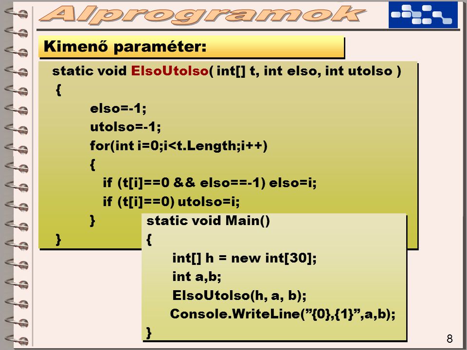 8 Kimenő paraméter: static void ElsoUtolso( int[] t, int elso, int utolso ) { elso=-1; utolso=-1; for(int i=0;i<t.Length;i++) { if (t[i]==0 && elso==-1) elso=i; if (t[i]==0) utolso=i; } static void ElsoUtolso( int[] t, int elso, int utolso ) { elso=-1; utolso=-1; for(int i=0;i<t.Length;i++) { if (t[i]==0 && elso==-1) elso=i; if (t[i]==0) utolso=i; } static void Main() { int[] h = new int[30]; int a,b; ElsoUtolso(h, a, b); Console.WriteLine( {0},{1} ,a,b); } static void Main() { int[] h = new int[30]; int a,b; ElsoUtolso(h, a, b); Console.WriteLine( {0},{1} ,a,b); }