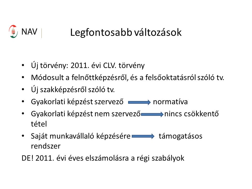 Legfontosabb változások Új törvény: évi CLV.