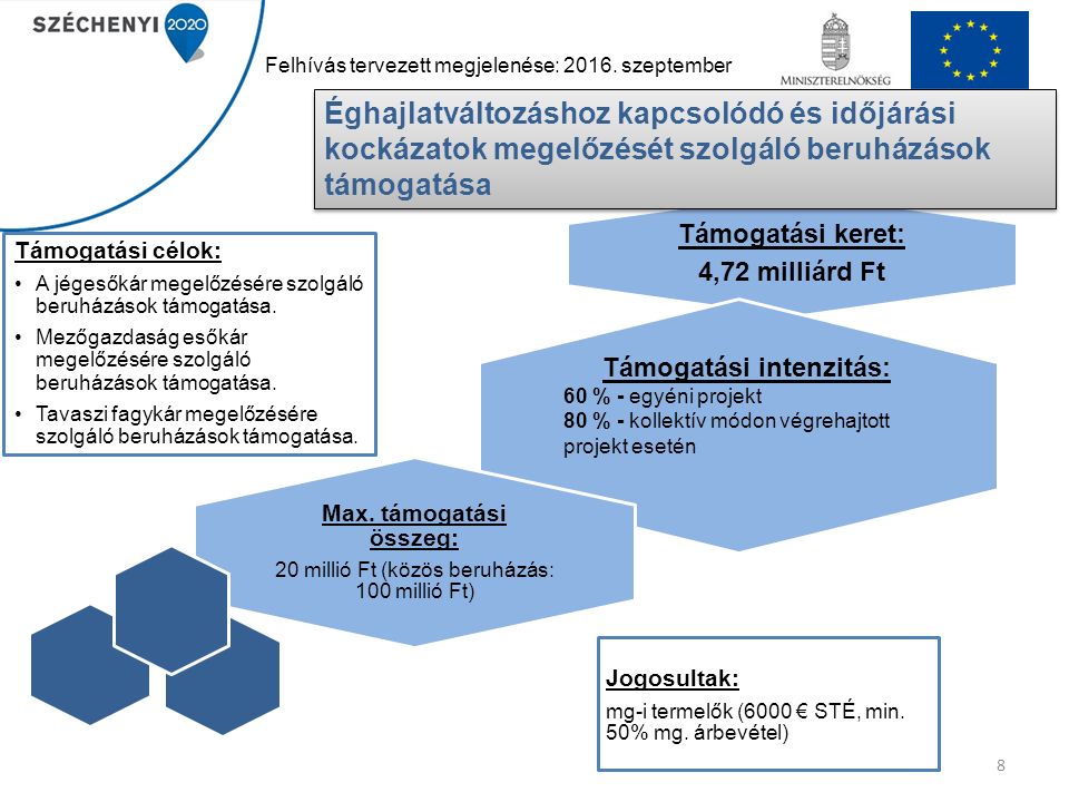 8 Támogatási keret: 4,72 milliárd Ft Jogosultak: mg-i termelők (6000 € STÉ, min.
