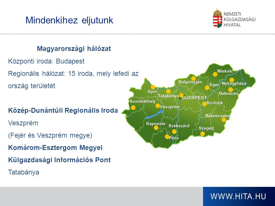 Mindenkihez eljutunk Magyarországi hálózat Központi iroda: Budapest Regionális hálózat: 15 iroda, mely lefedi az ország területét Közép-Dunántúli Regionális Iroda Veszprém (Fejér és Veszprém megye) Komárom-Esztergom Megyei Külgazdasági Információs Pont Tatabánya