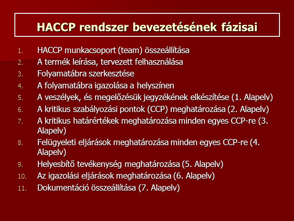 HACCP rendszer bevezetésének fázisai 1. HACCP munkacsoport (team) összeállítása 2.