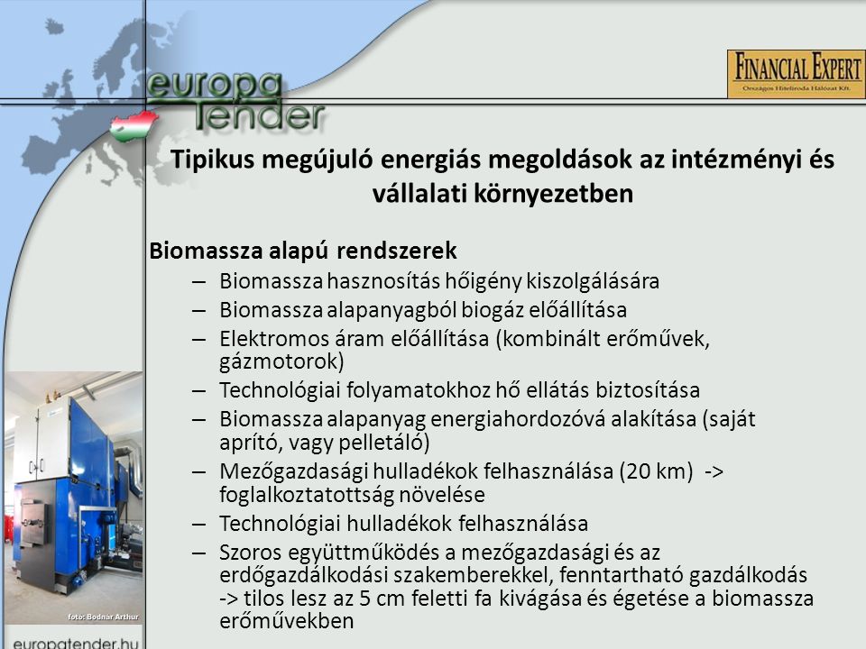 Tipikus megújuló energiás megoldások az intézményi és vállalati környezetben Biomassza alapú rendszerek – Biomassza hasznosítás hőigény kiszolgálására – Biomassza alapanyagból biogáz előállítása – Elektromos áram előállítása (kombinált erőművek, gázmotorok) – Technológiai folyamatokhoz hő ellátás biztosítása – Biomassza alapanyag energiahordozóvá alakítása (saját aprító, vagy pelletáló) – Mezőgazdasági hulladékok felhasználása (20 km) -> foglalkoztatottság növelése – Technológiai hulladékok felhasználása – Szoros együttműködés a mezőgazdasági és az erdőgazdálkodási szakemberekkel, fenntartható gazdálkodás -> tilos lesz az 5 cm feletti fa kivágása és égetése a biomassza erőművekben