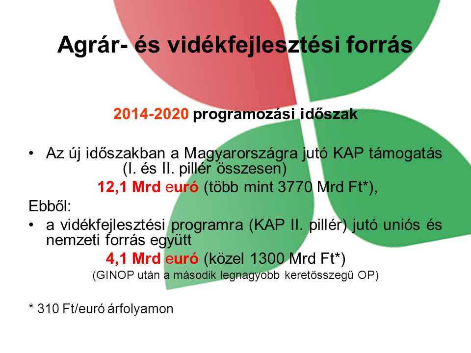 Agrár- és vidékfejlesztési forrás programozási időszak Az új időszakban a Magyarországra jutó KAP támogatás (I.