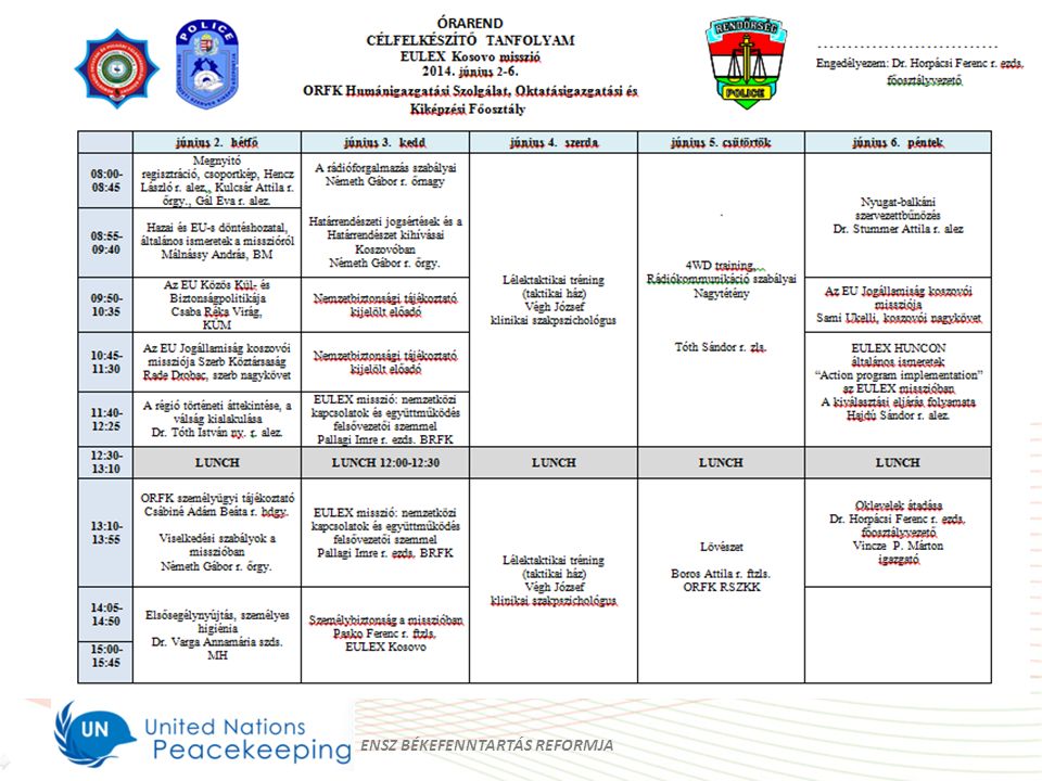 Rendőrségi Oktatási és Kiképző Központ Polgári Válságkezelési Alosztály A kiválasztás és felkészítés rendszere ENSZ BÉKEFENNTARTÁS REFORMJA
